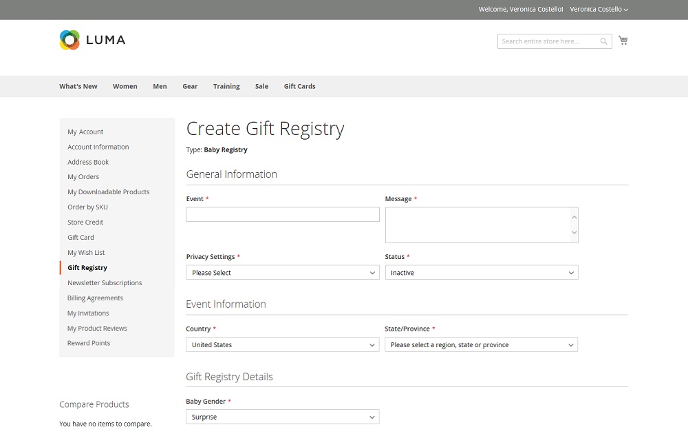 Gift registry form in Magento